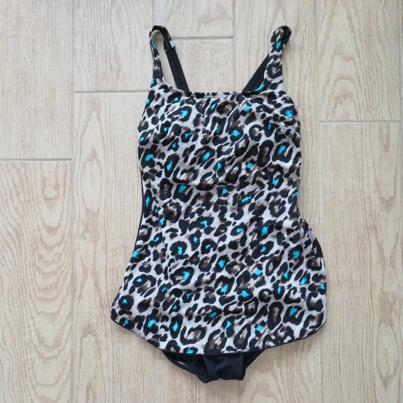 Leopard Print One Piece Swimsuit with Built-in Bra and Skirt - Picture 1 of 9